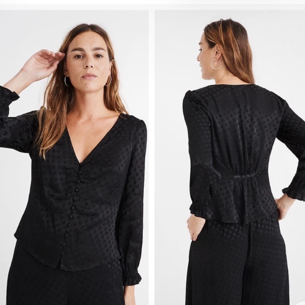 MADEWELL Smocked Sleeve Daylight Top in Woven Dot Black Size 6